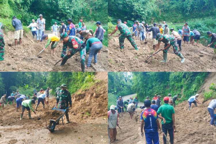 Tiga Babinsa Musuk Bantu Warga Bersihkan Longsor di Boyolali 